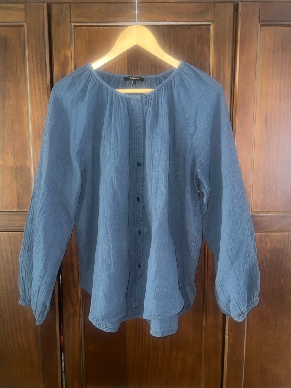 Quince Peasant Organic Cotton Gauze Indigo Blue Button-Front Long Sleeve Top